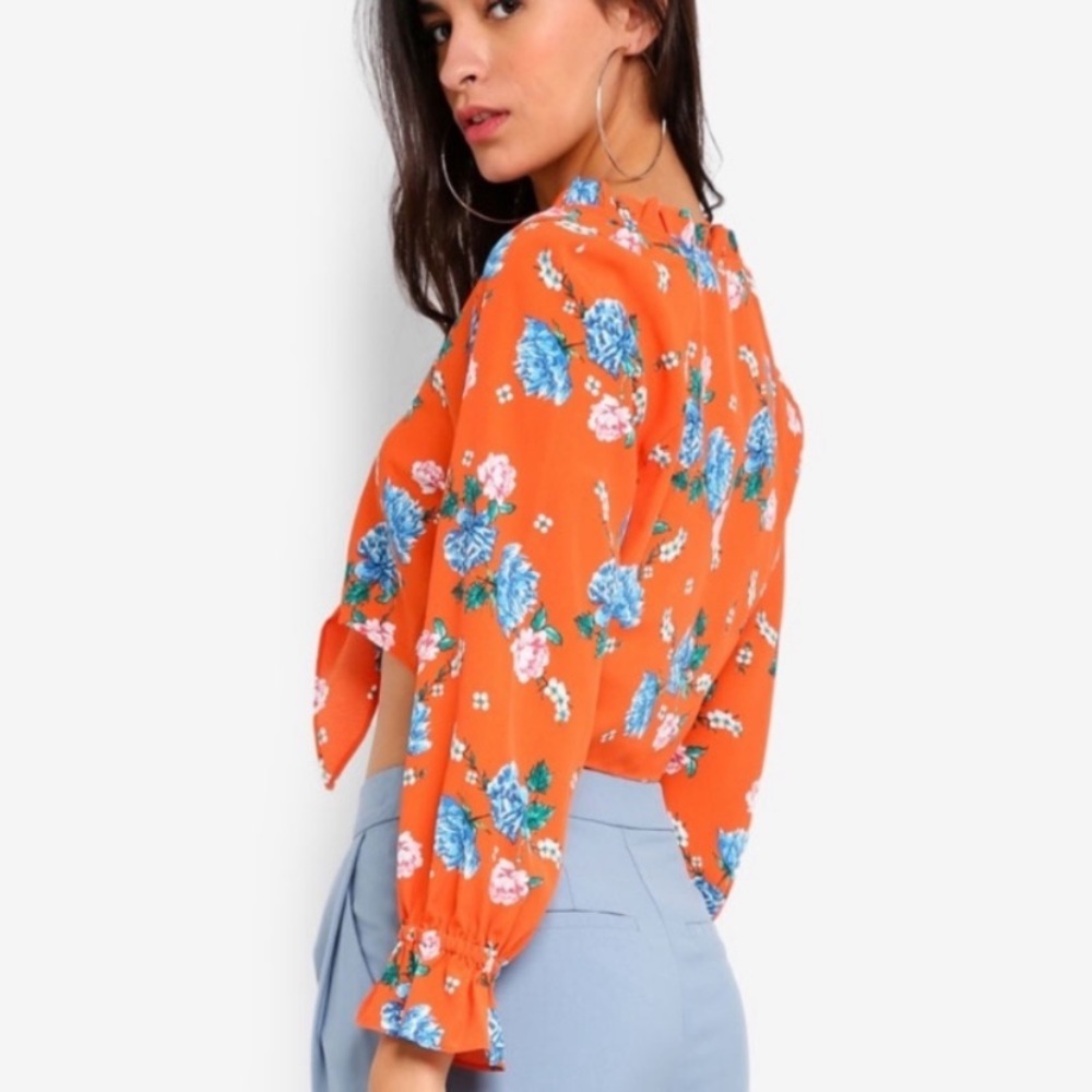Nwt Topshop Orange Floral Tie Front Crop Top - Picture 3 of 7